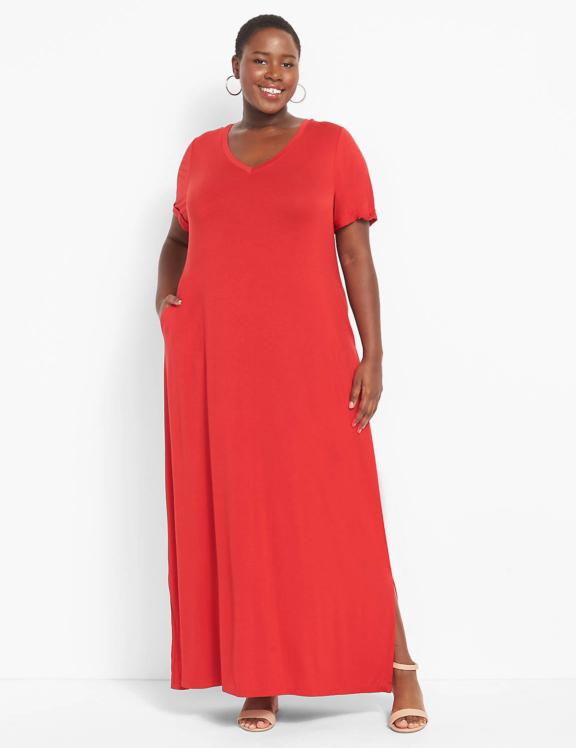 Short Roll Cuff Sleeve V Neck Maxi 1119971:PANTONE Haute Red:10/12 Product Image 1