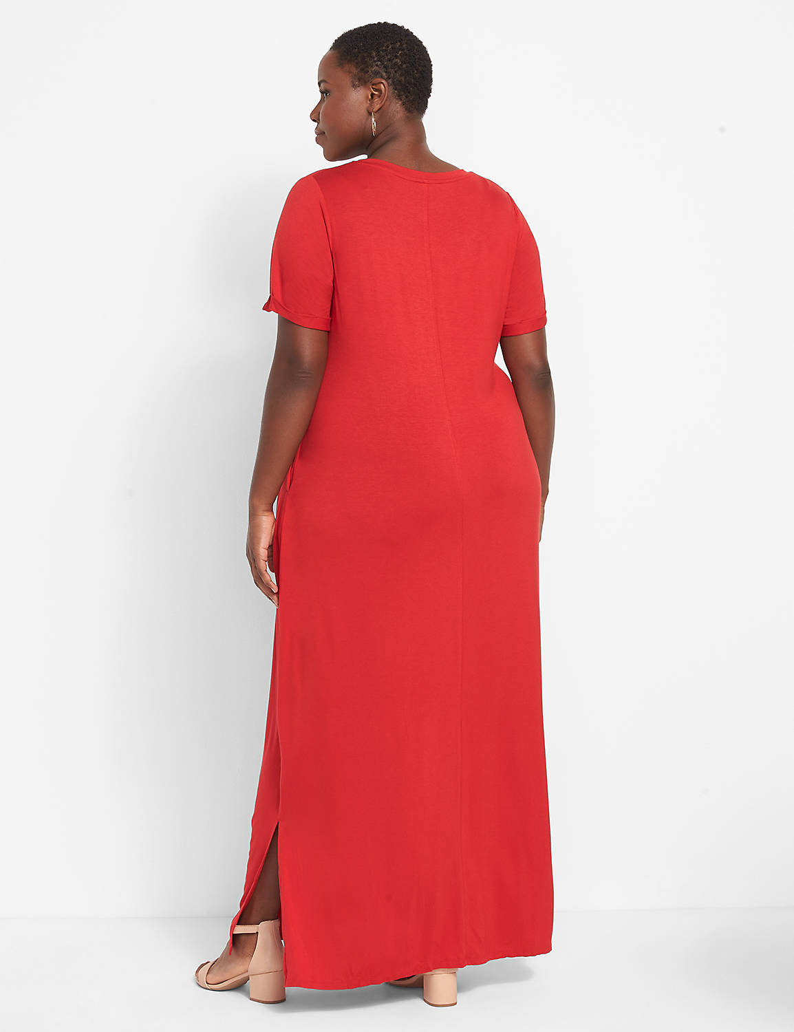 Short Roll Cuff Sleeve V Neck Maxi 1119971:PANTONE Haute Red:10/12 Product Image 2