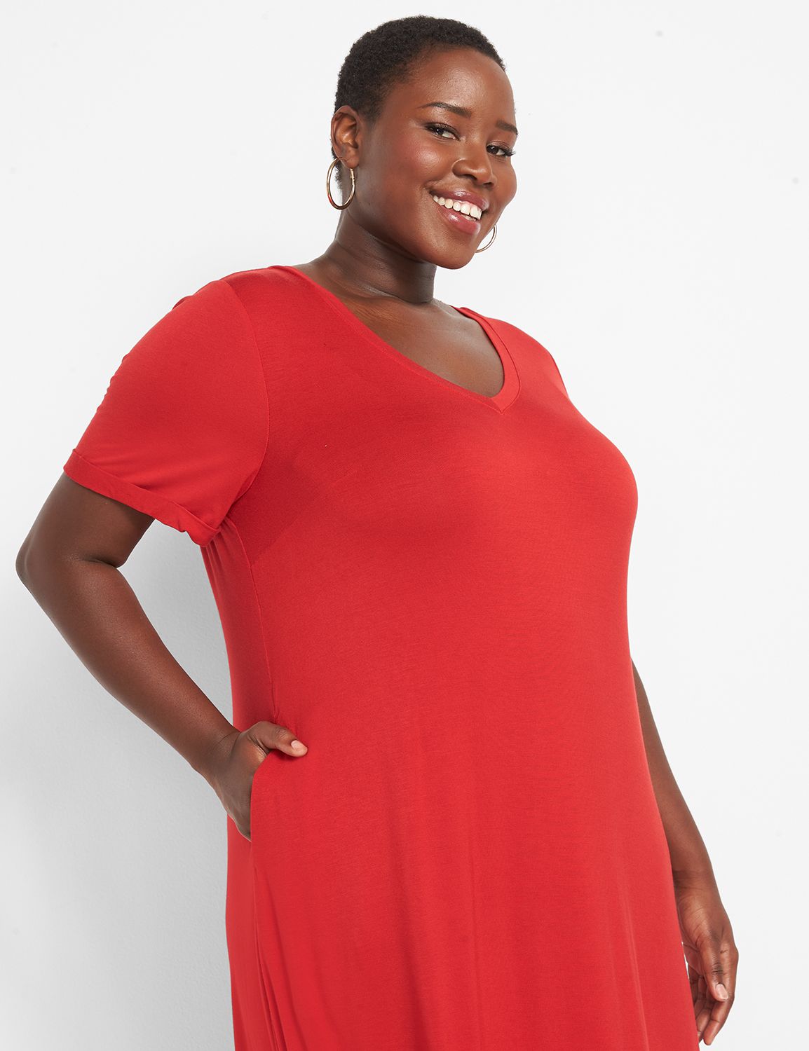 Short Roll Cuff Sleeve V Neck Maxi 1119971:PANTONE Haute Red:10/12 Product Image 3