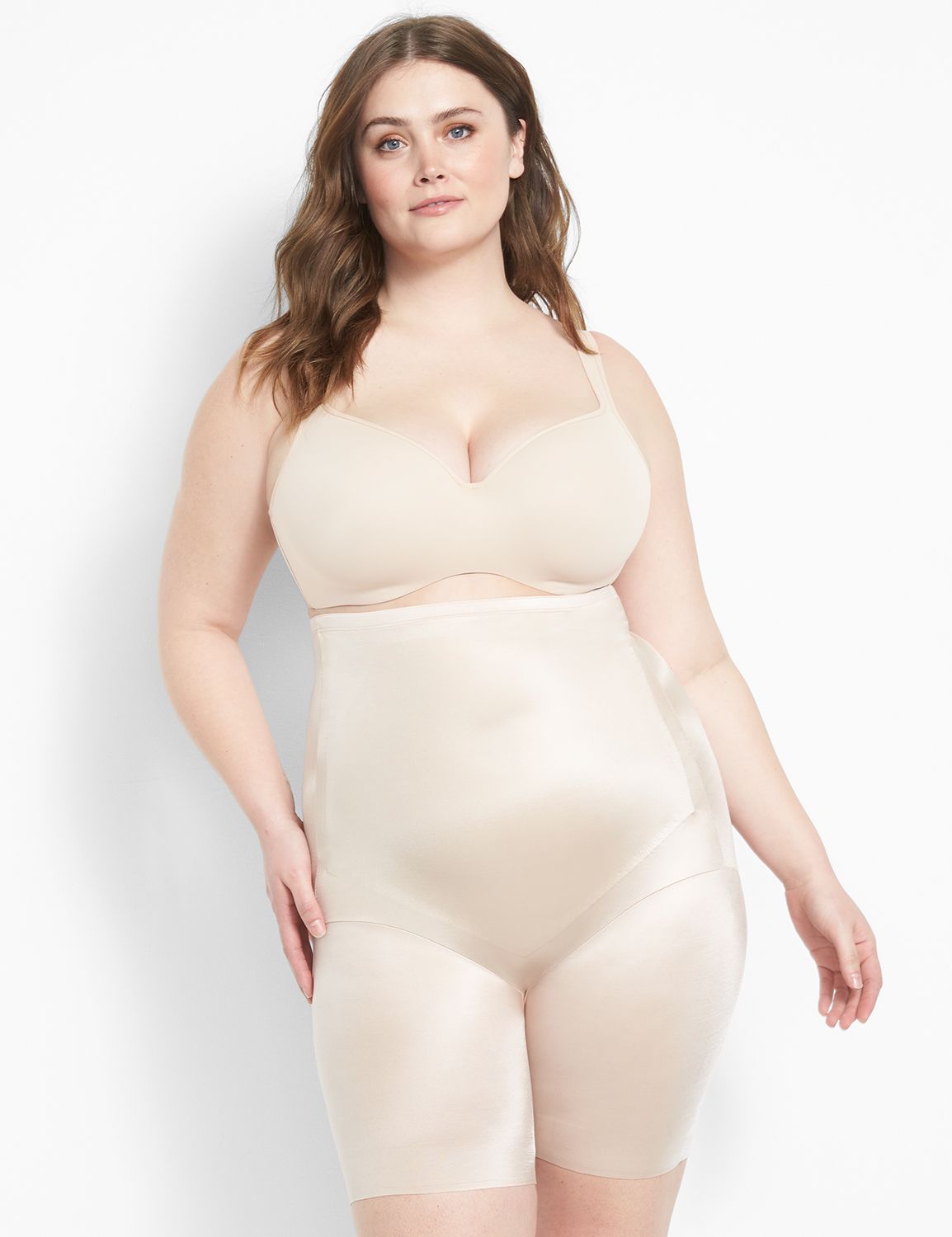 Cacique by Lane Bryant. Open-bust thigh shaper.