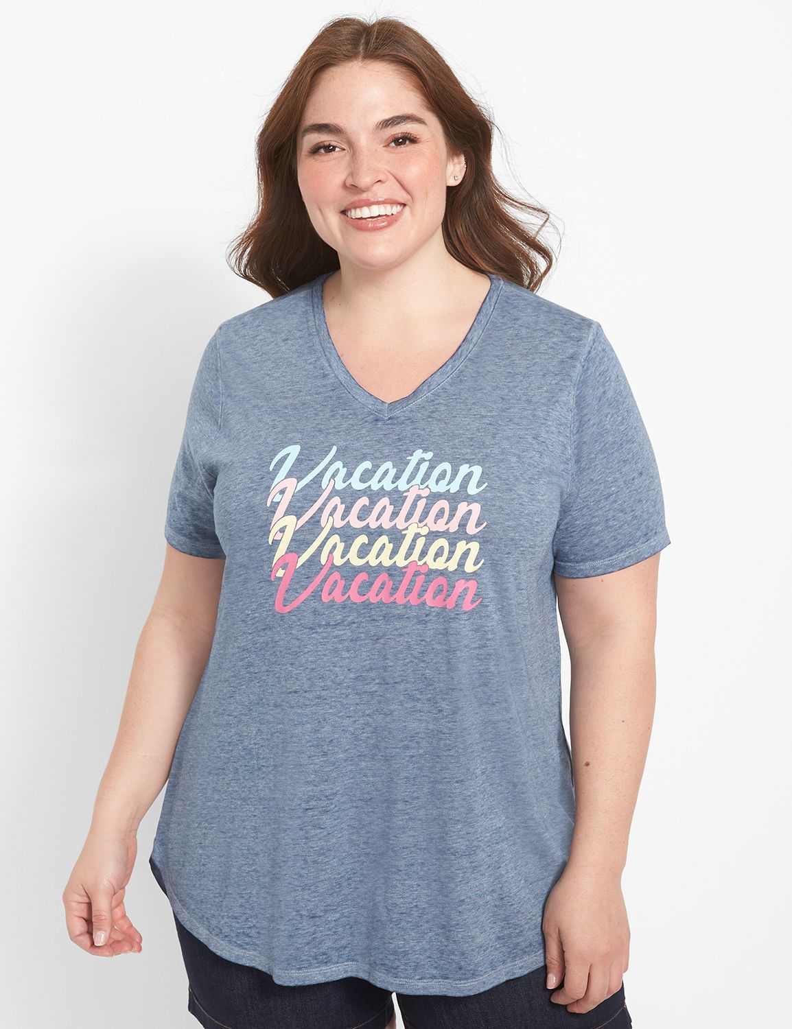 SS VNeck Curved Hem HiLo Graphic: V Product Image 1