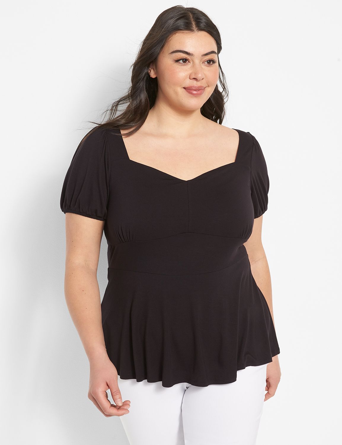 Classic Short-Sleeve Sweetheart-Neck Peplum Shirt