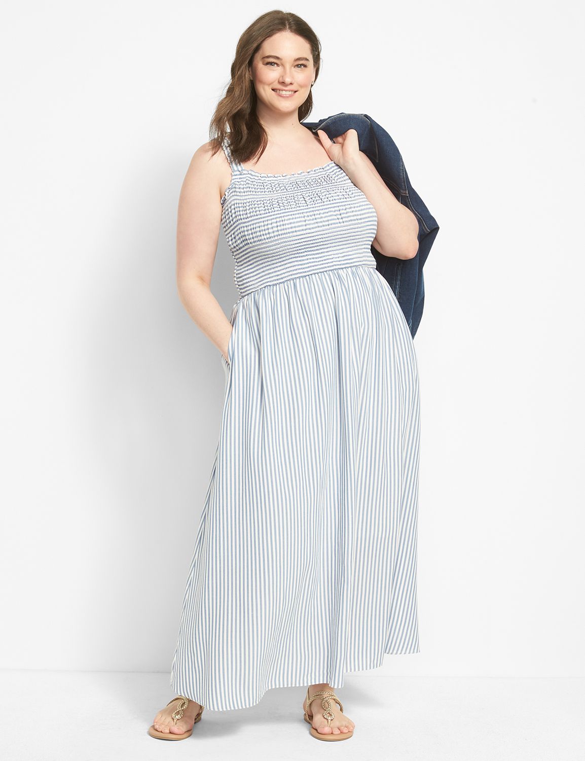 Sleeveless Smocked Stripe Midi Dres Product Image 1