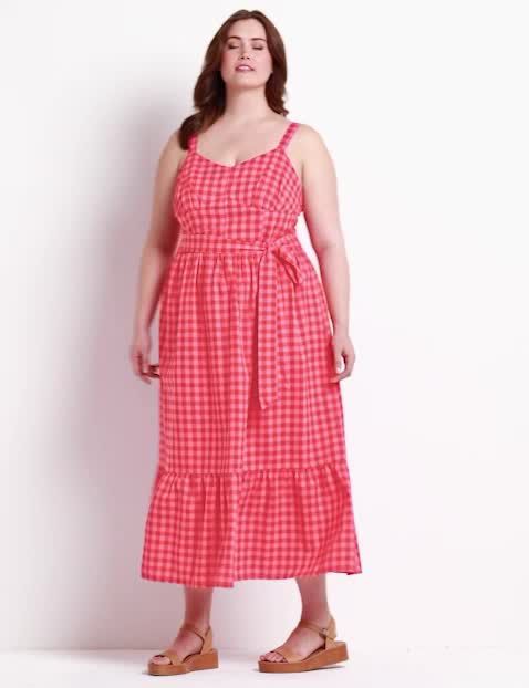 Sleeveless Flounce Hem Seersucker Gingham Midi Dress