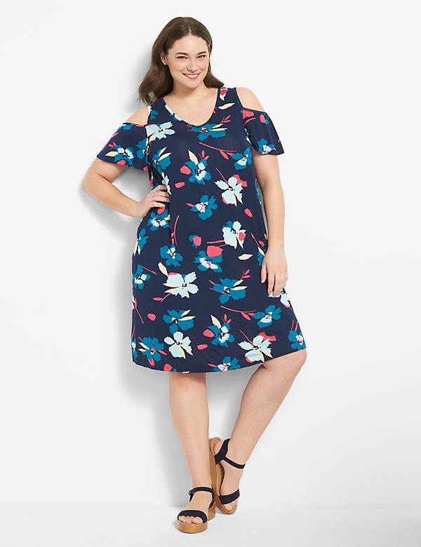 Womens Plus Size Dress Striped Short Sleeves Cold Shoulder Scoop Neckline Print and Flare Dress