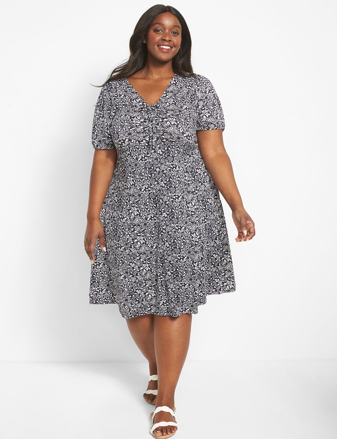 Short Puff-Sleeve Ruched-Front Fit & Flare Dress