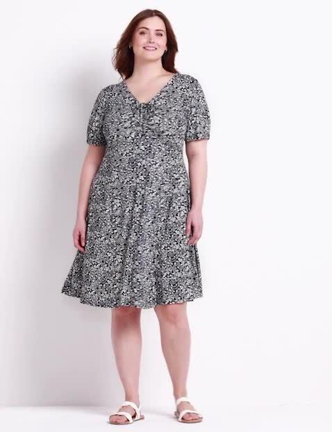 Short Puff-Sleeve Ruched-Front Fit & Flare Dress