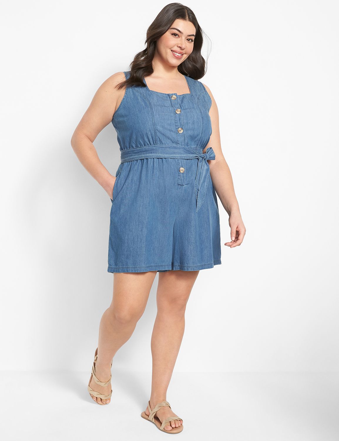 Sleeveless Square-Neck Button-Down Romper