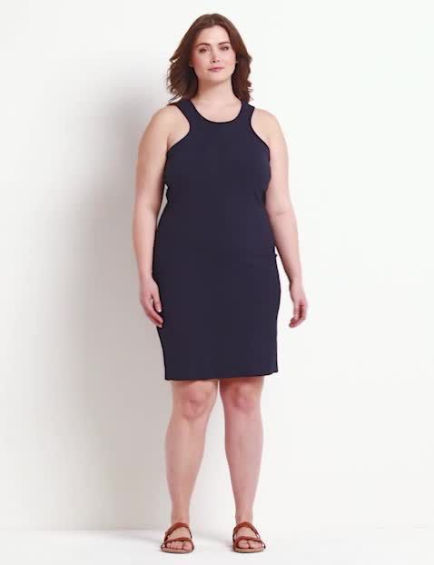High-Neck Racer-Front Ribbed Bodycon Dress