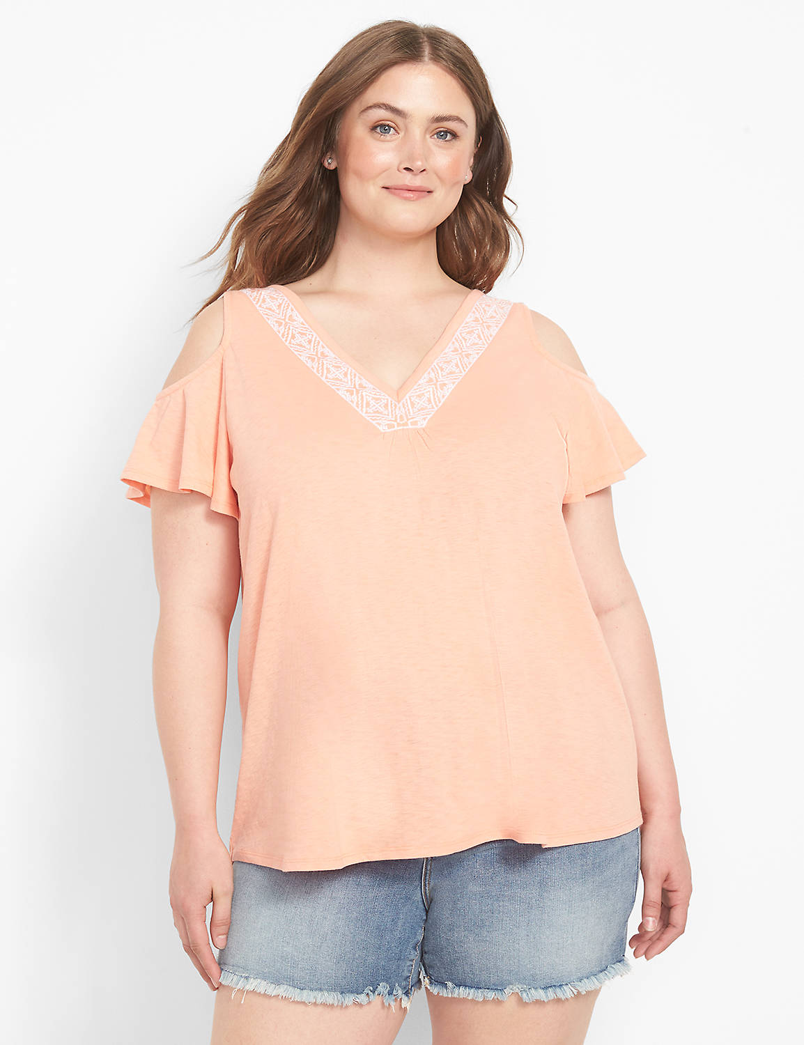 lane bryant swing cold-shoulder embroidered yoke top 18/20 coral