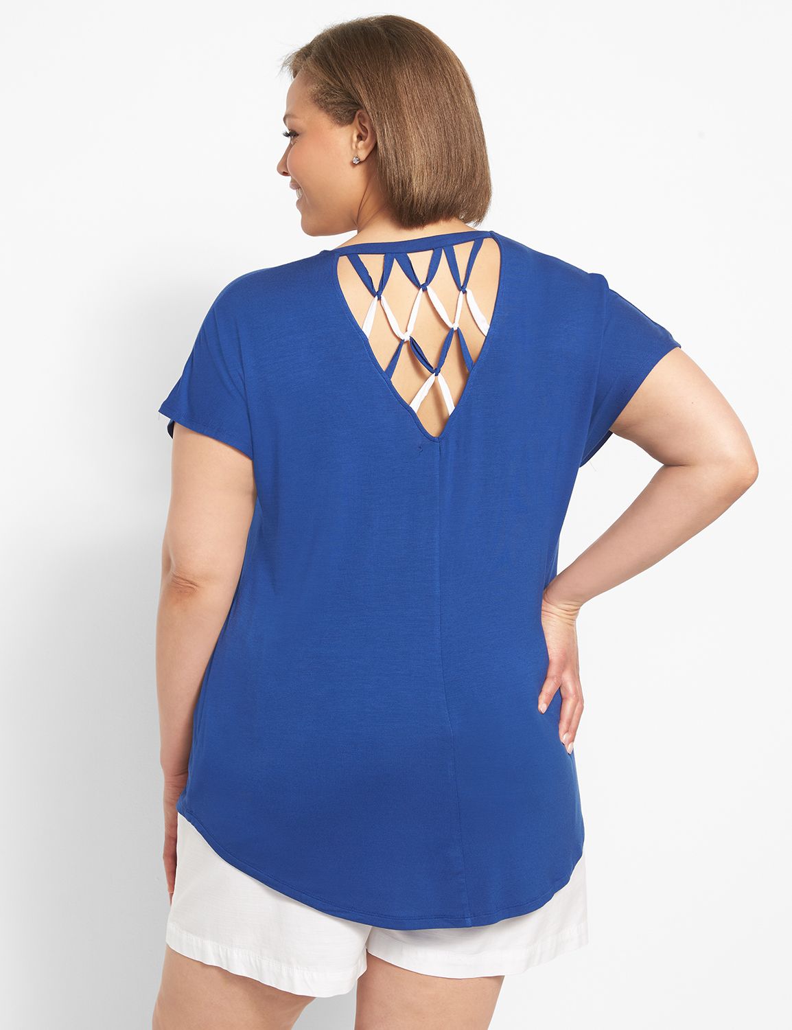 Short Sleeve Mid V-Neck Macrame Bac Product Image 2