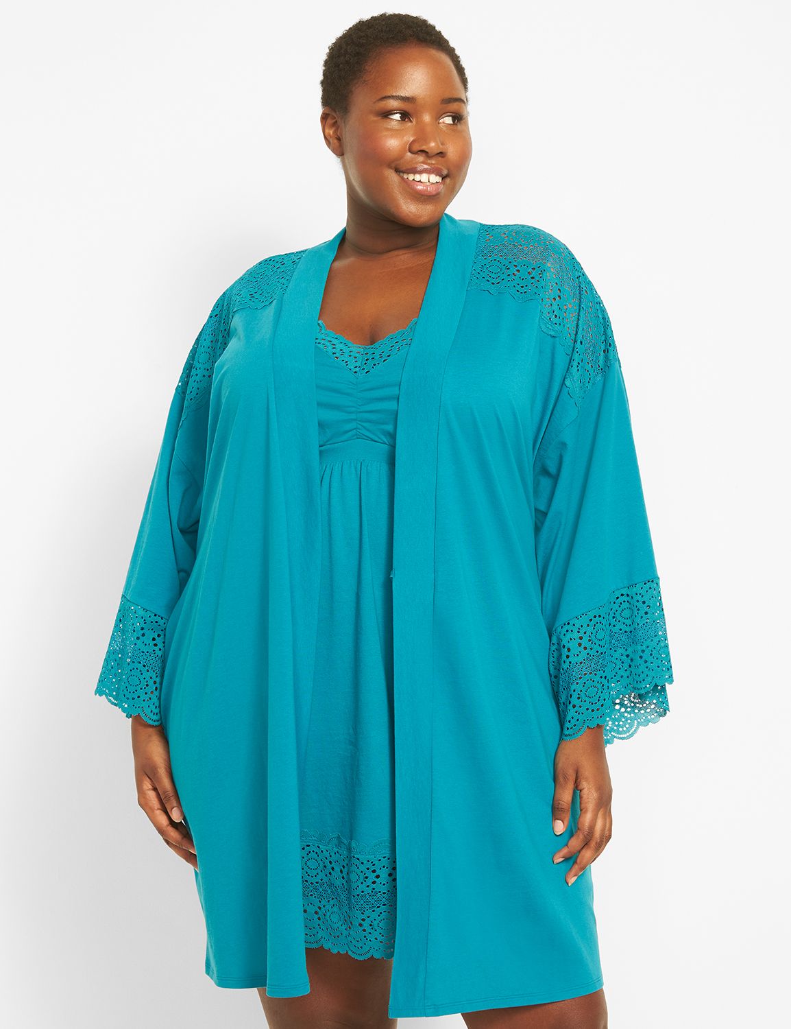 ◼︎KIKONO◼︎ Laurance ロランス CVC and Lace Trim Kimono Robe 11259 | LaneBryant