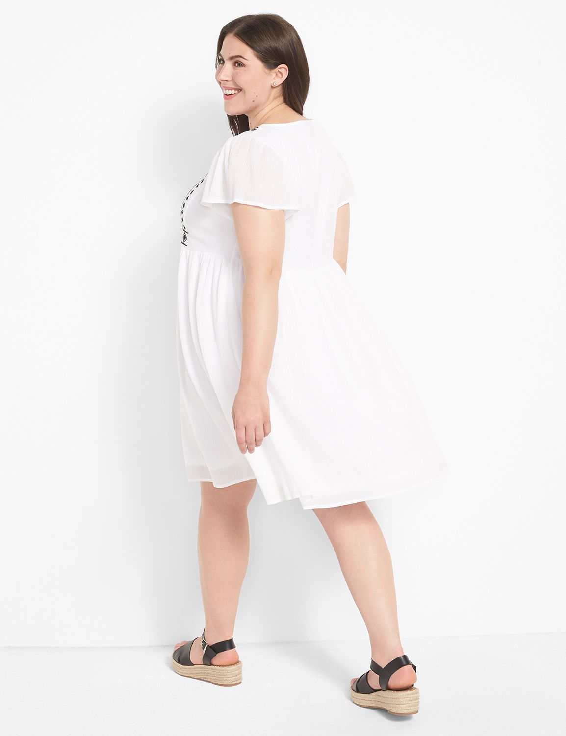 Flutter-Sleeve Embroidered Swing Dress