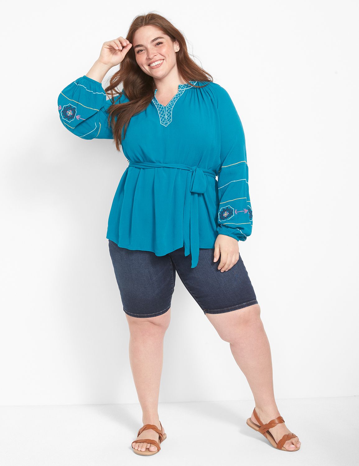 Classic Long-Sleeve Belted Peasant Blouse, image size:1154x1500