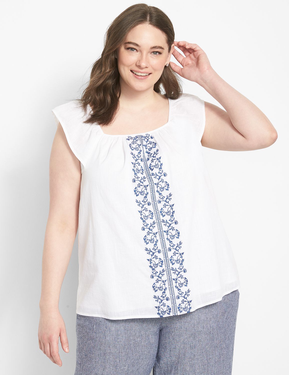 Classic Short-Sleeve Square-Neck Embroidered Top