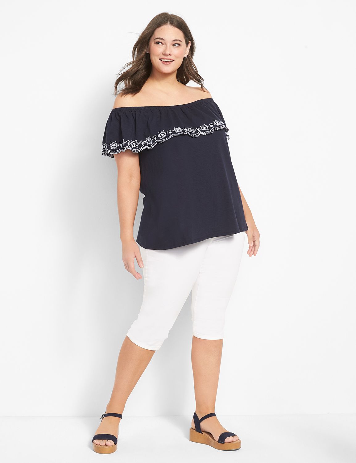 Off-Shoulder Knit Top With Trimmed Ruffles
