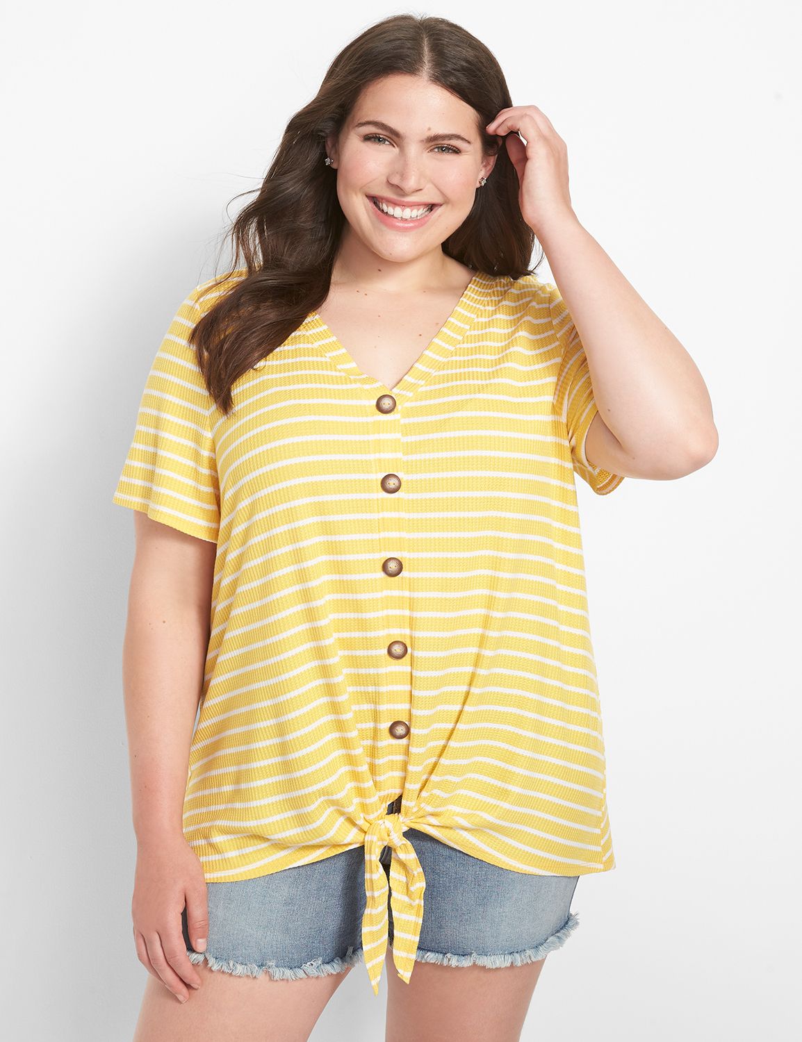 Short Sleeve V-Neck Button Front Kn Product Image 1