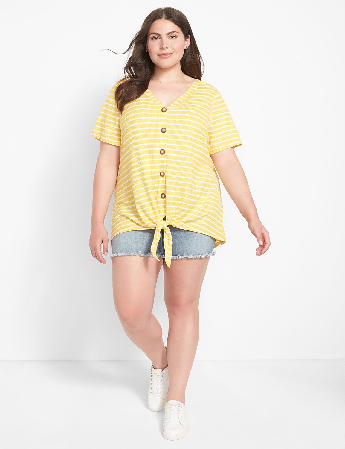 Short Sleeve V-Neck Button Front Kn Product Image 3