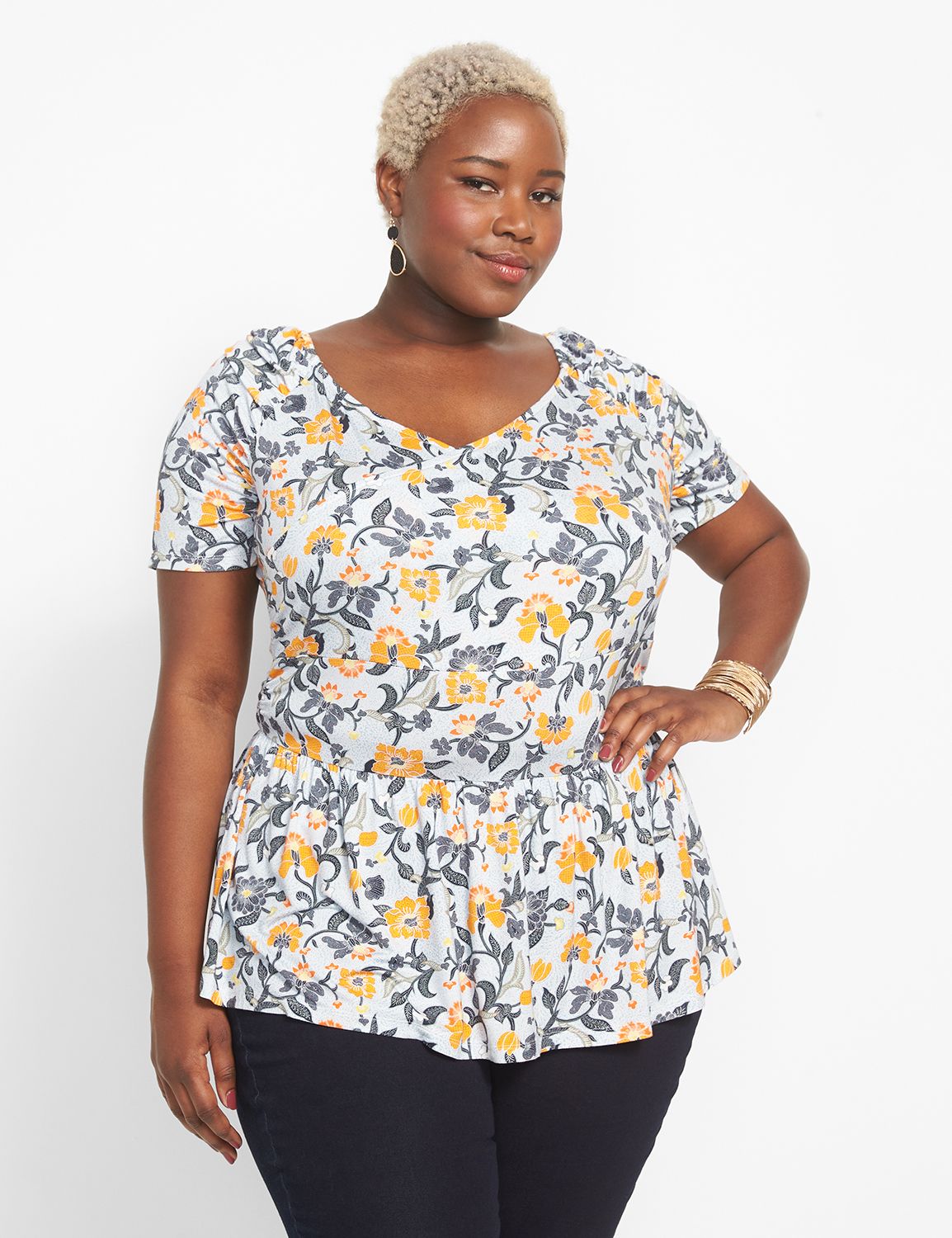 Women's 3/4 Puff Sleeve Surplice Belted Peplum Top