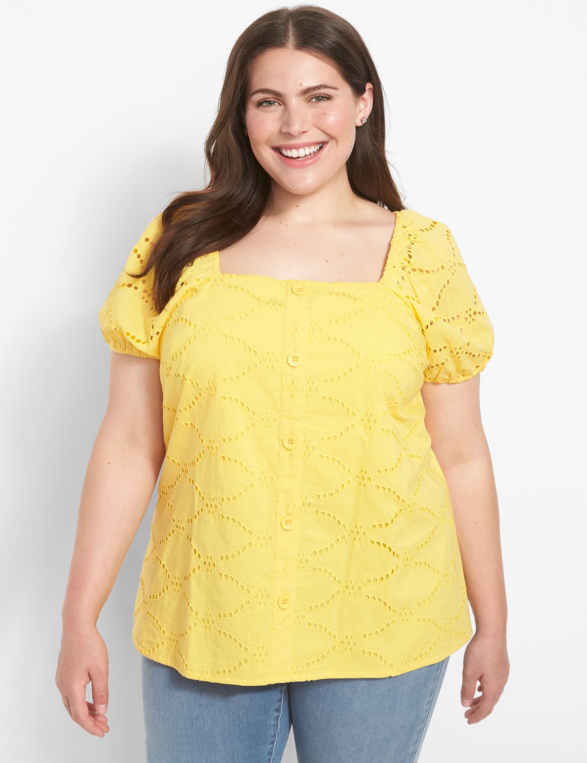Short Sleeve Square Neck Button Dow Product Image 1