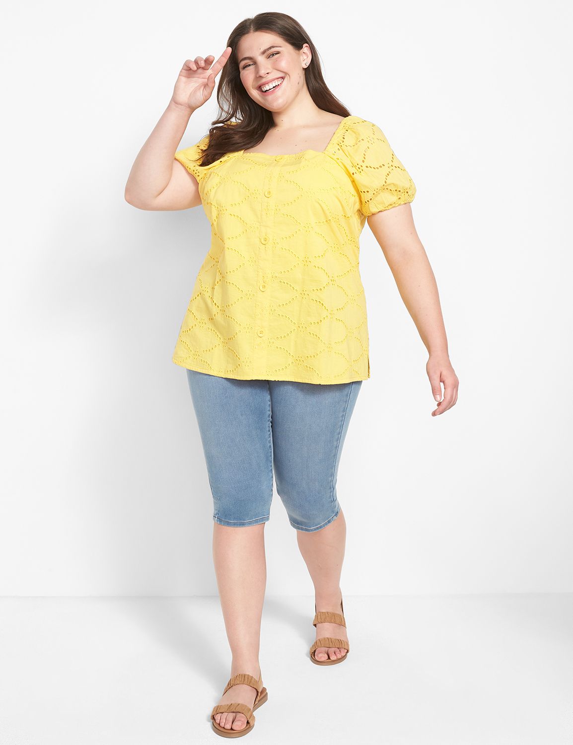 Short Sleeve Square Neck Button Dow Product Image 3
