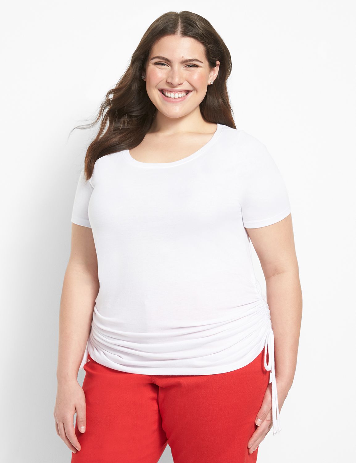 Short Sleeve Open Crew Neck Side Ru | LaneBryant