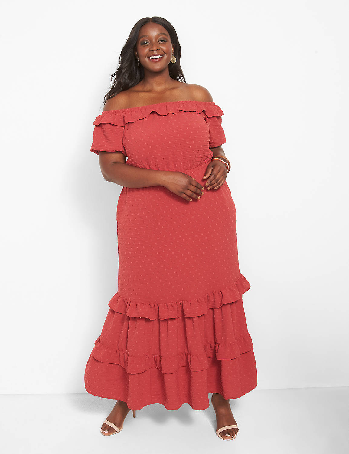 lane bryant off-the-shoulder maxi dress with tiered ruffles 20 red dot