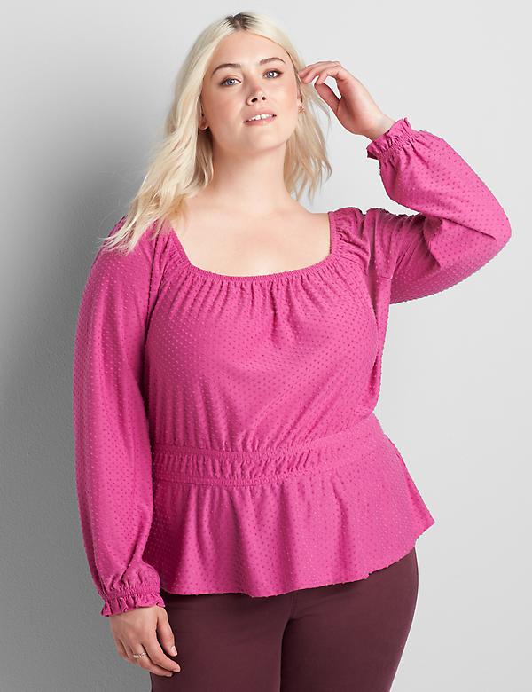 Square-Neck Knit Blouse With Elastic Waist