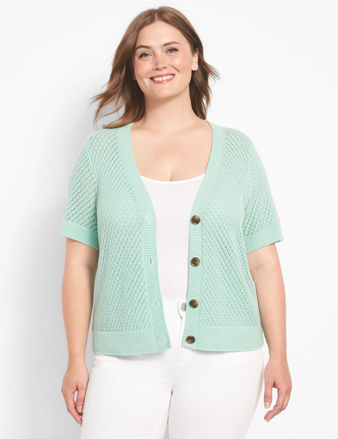 Lane Bryant Classic Short-Sleeve Button-Front Cropped Cardigan 18/20 Lichen