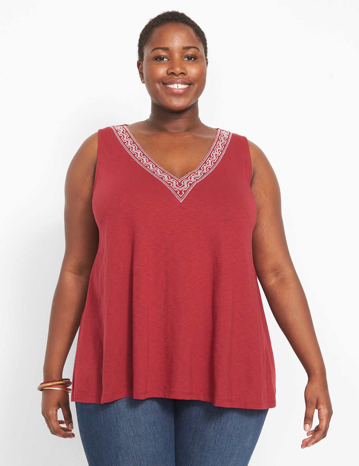 Lane Bryant Swing V-Neck Embroidered Tank 10/12 Rumba Red