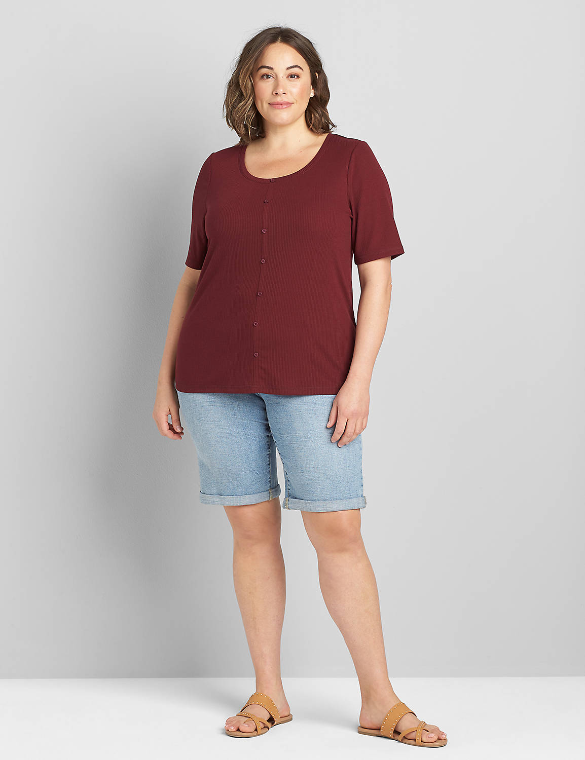 Perfect Sleeve Open Scoop Neck Ribbed Button Down Top 1121884 copy of 1121335:PANTONE Zinfandel:34/36 Product Image 3