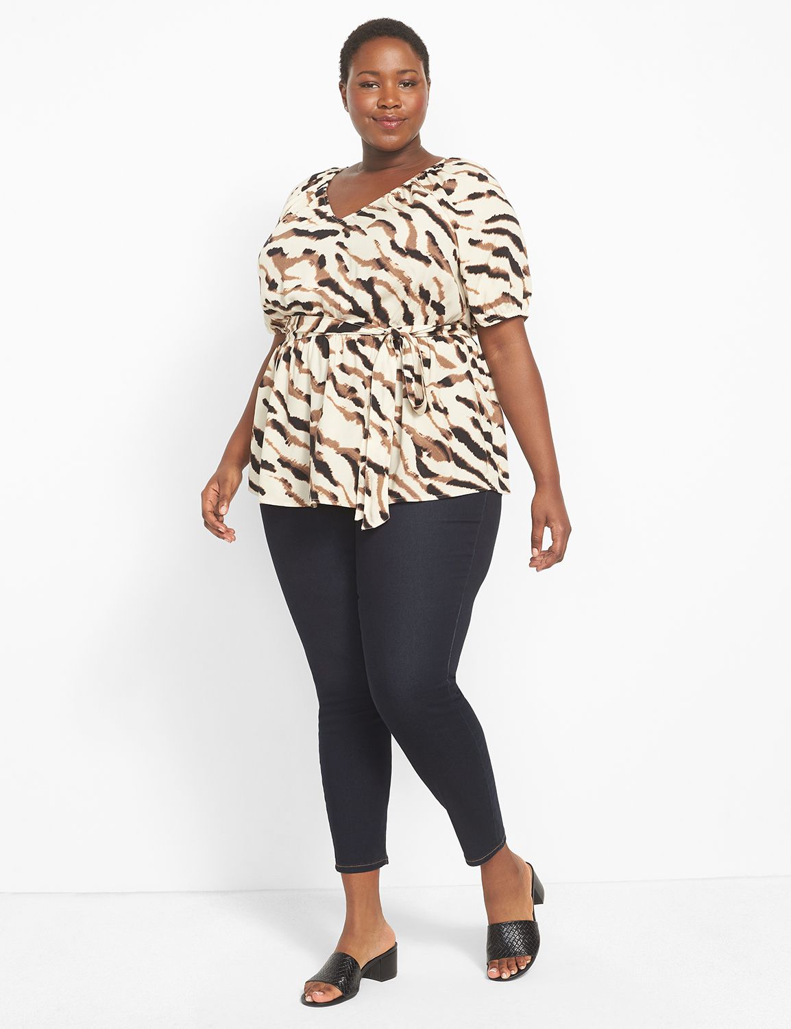 Classic V-Neck Belted Blouse - Animal Print