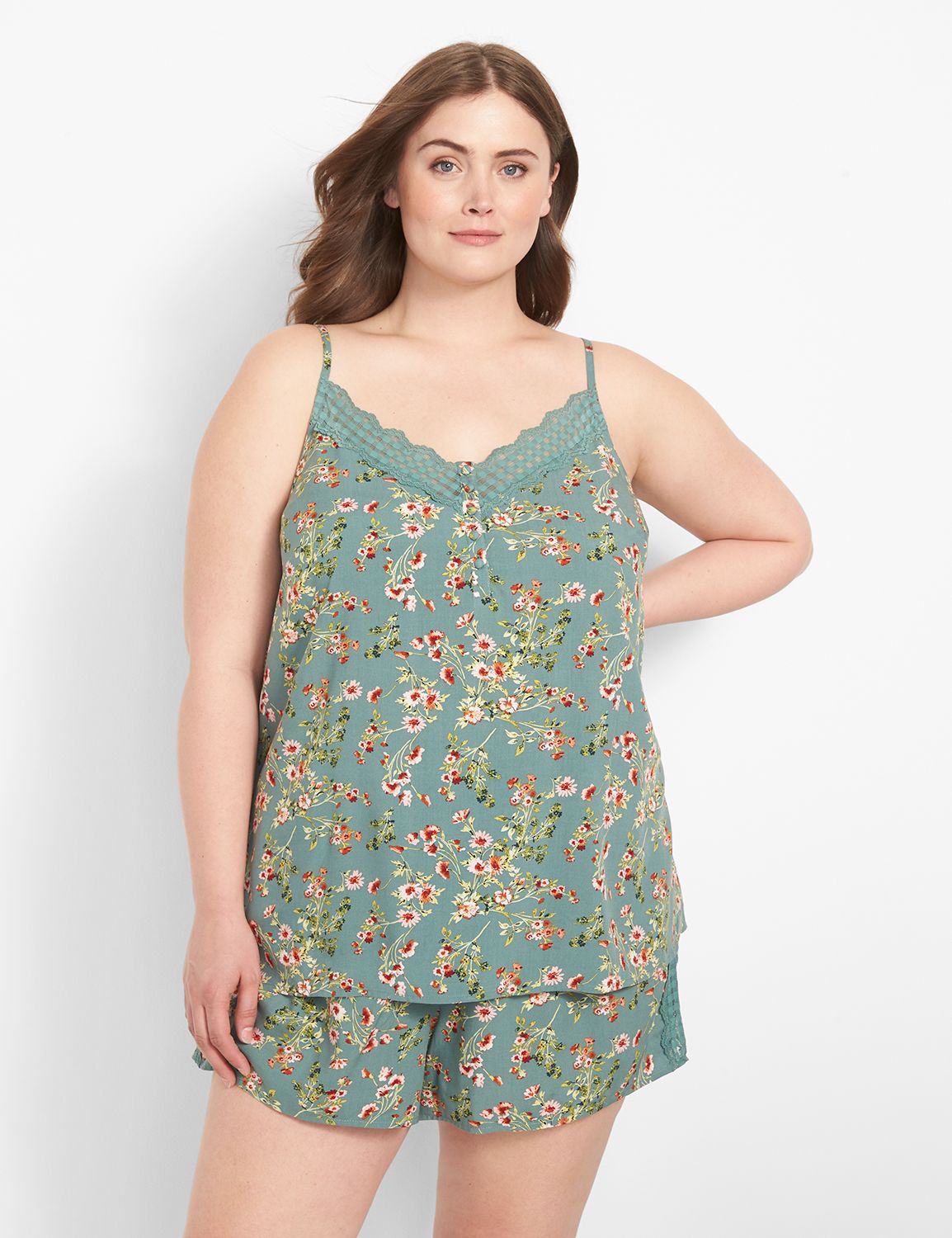 Woven Gingham Lace Cami Short PJ Set LaneBryant