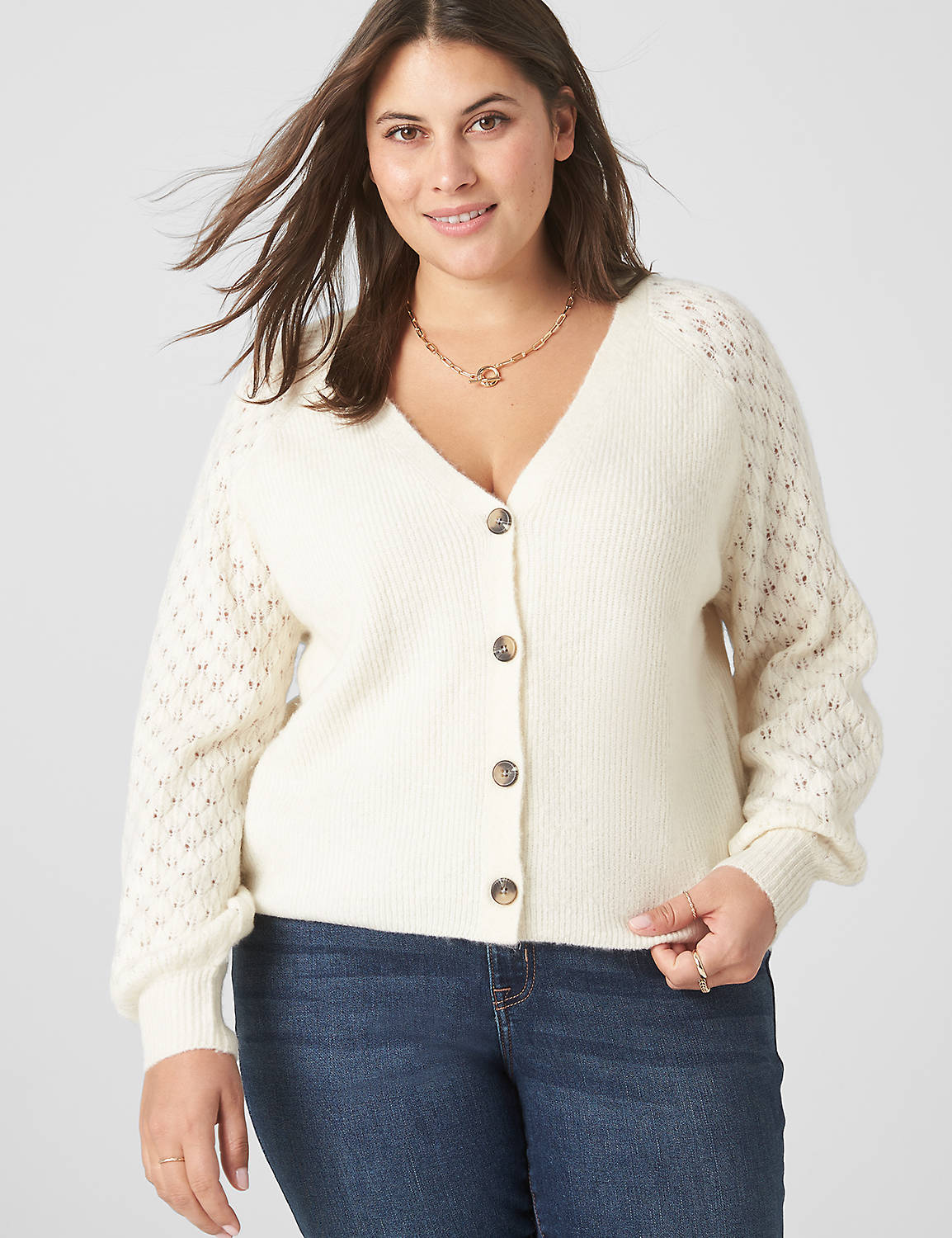 Classic Long-Sleeve Button-Front Pointelle-Sleeve Cardigan