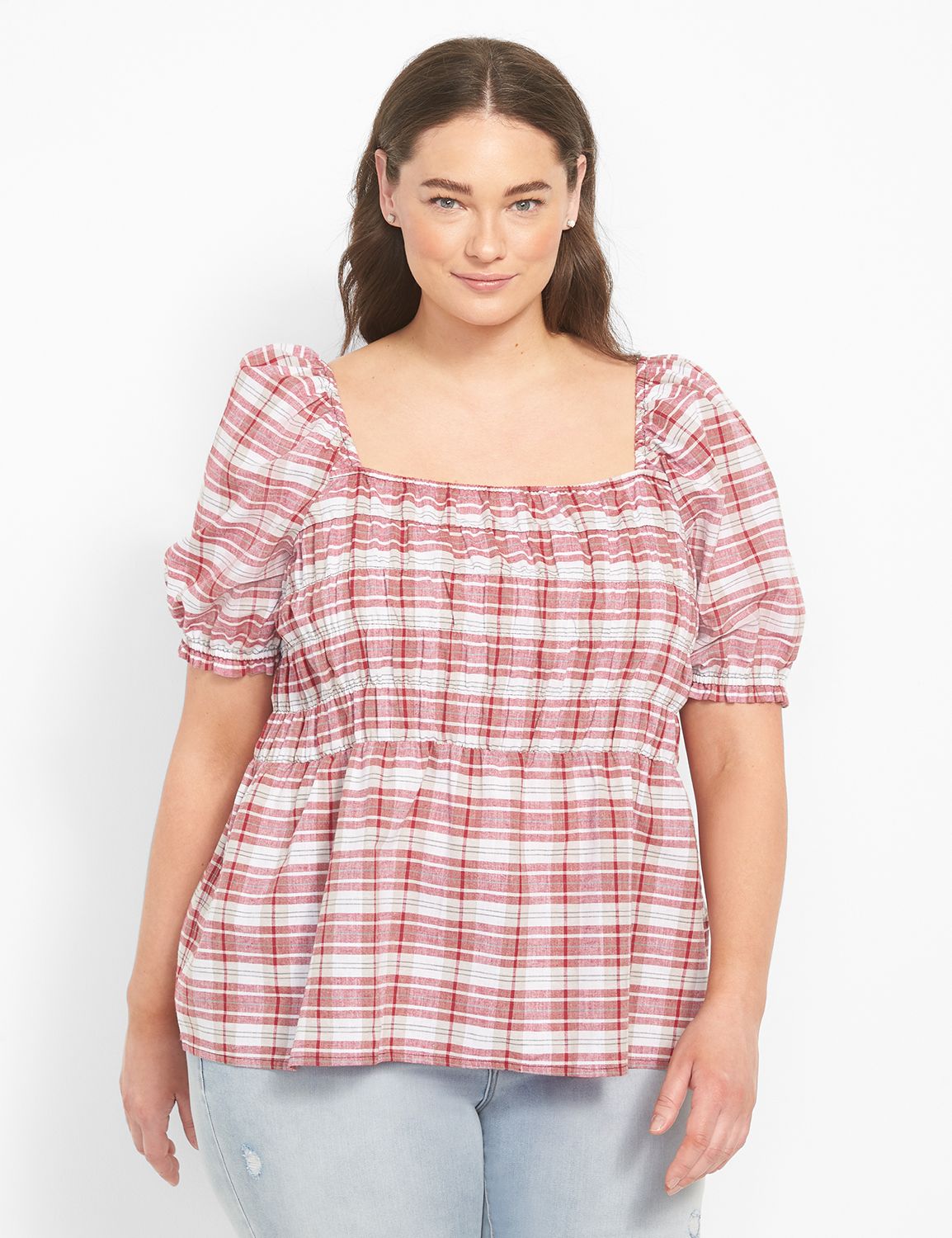 Peplum Smocked Short Sleeve Top  Pretty blouses, Plus size peplum