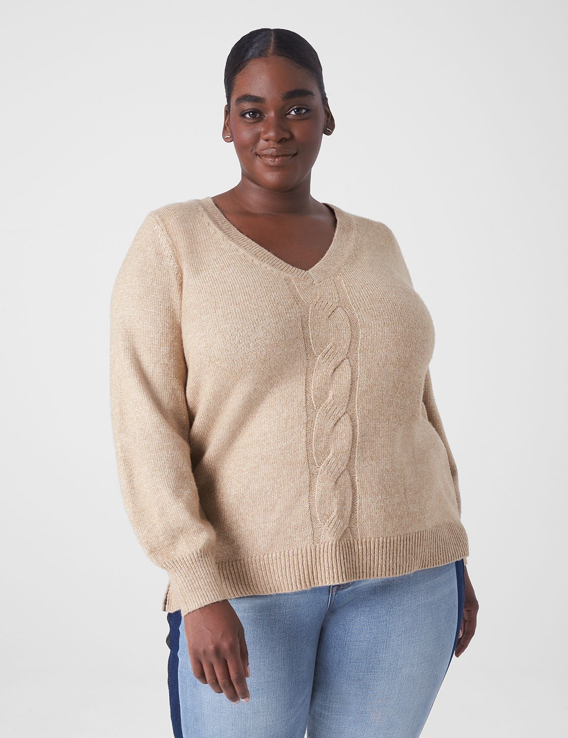 CABLE KNIT V-NK TUNIC SWEATER