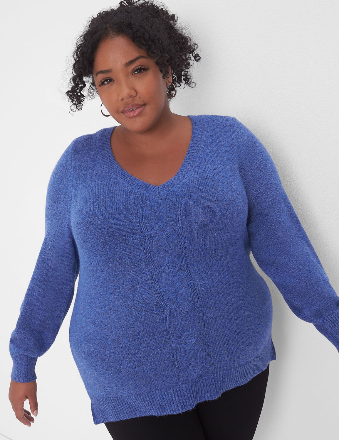 CABLE KNIT V-NK TUNIC SWEATER