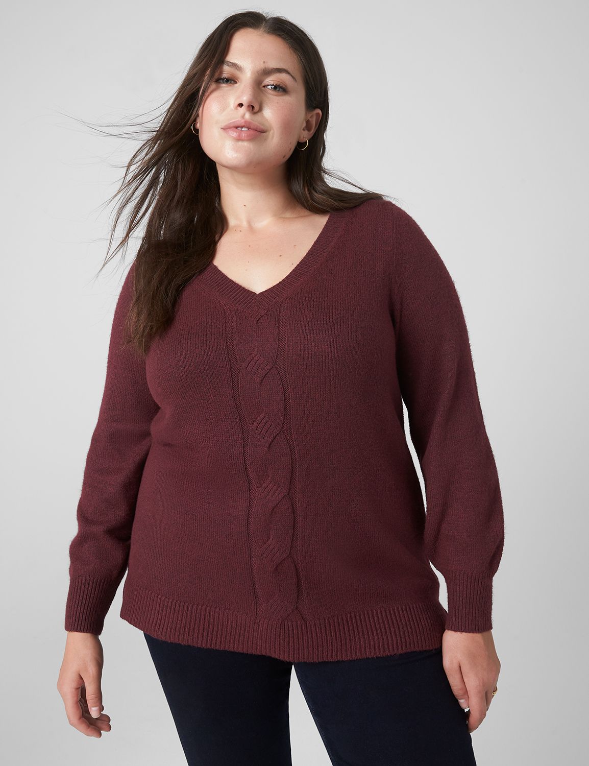 Lane Bryant Classic Tunic Pullover Cable Knit Sweater 10/12 Maroon Banner