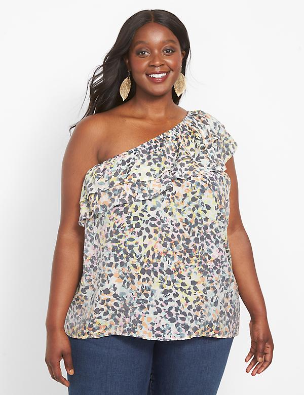 Classic One-Shoulder Ruffle-Front Top - Print