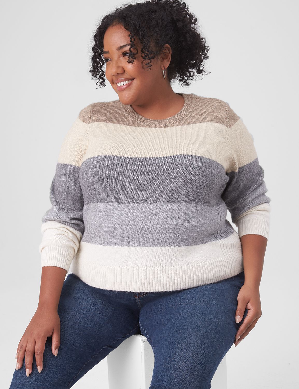 Lane Bryant Classic Crew-Neck Striped Pullover Sweater 10/12 Oatmeal