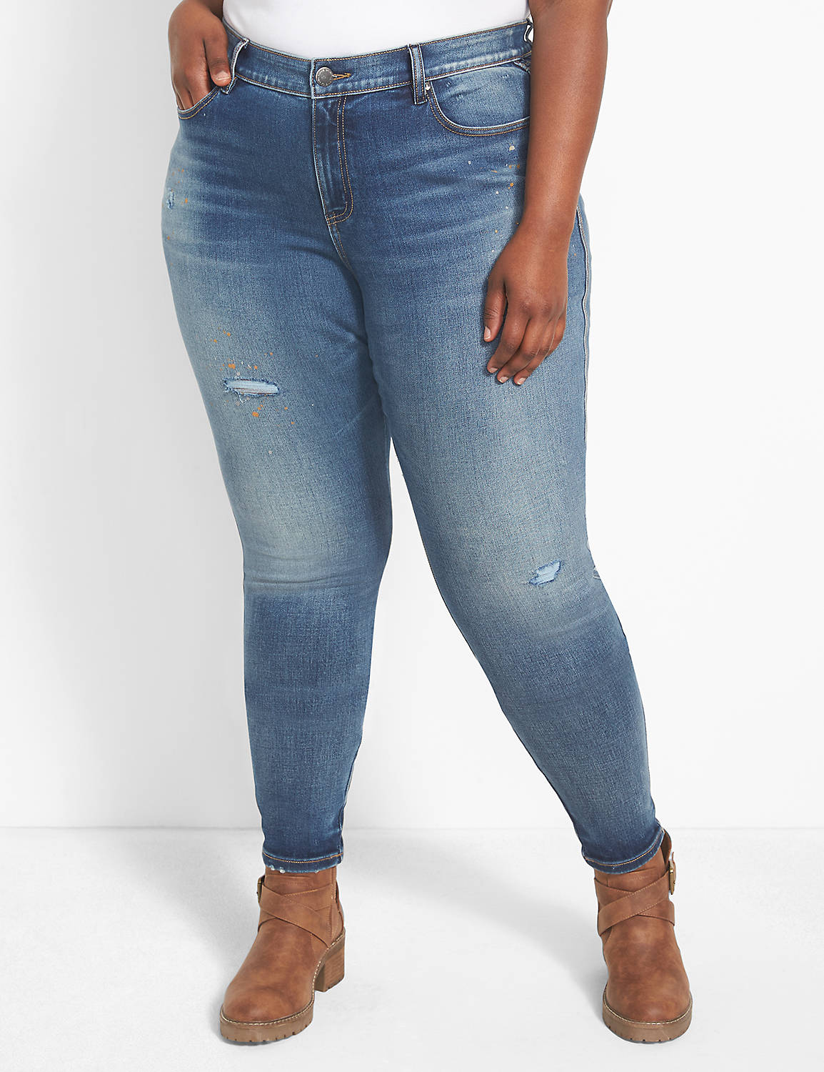 Curvy Fit Body Icon High-Rise Skinny Jean - Medium Wash With Gold Paint  Splatter | LaneBryant