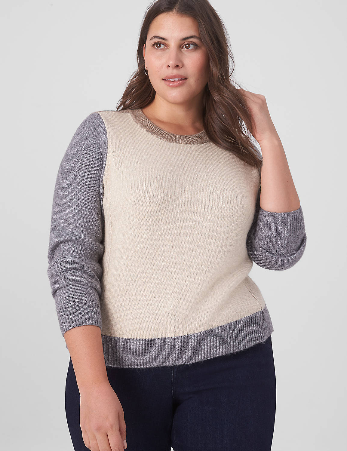 Lane Bryant Classic Crop Crew-Neck Colorblock Pullover 22/24 Oatmeal Combo