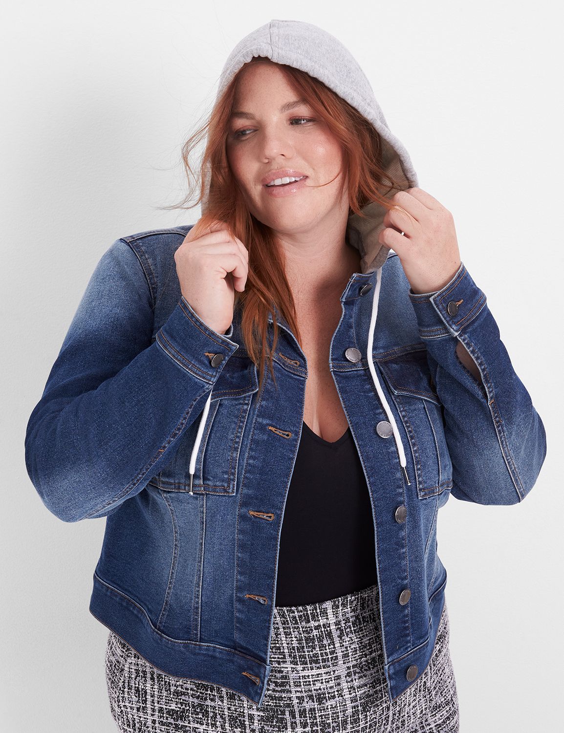 Denim Jacket With Removable Grey Knit Hood LaneBryant