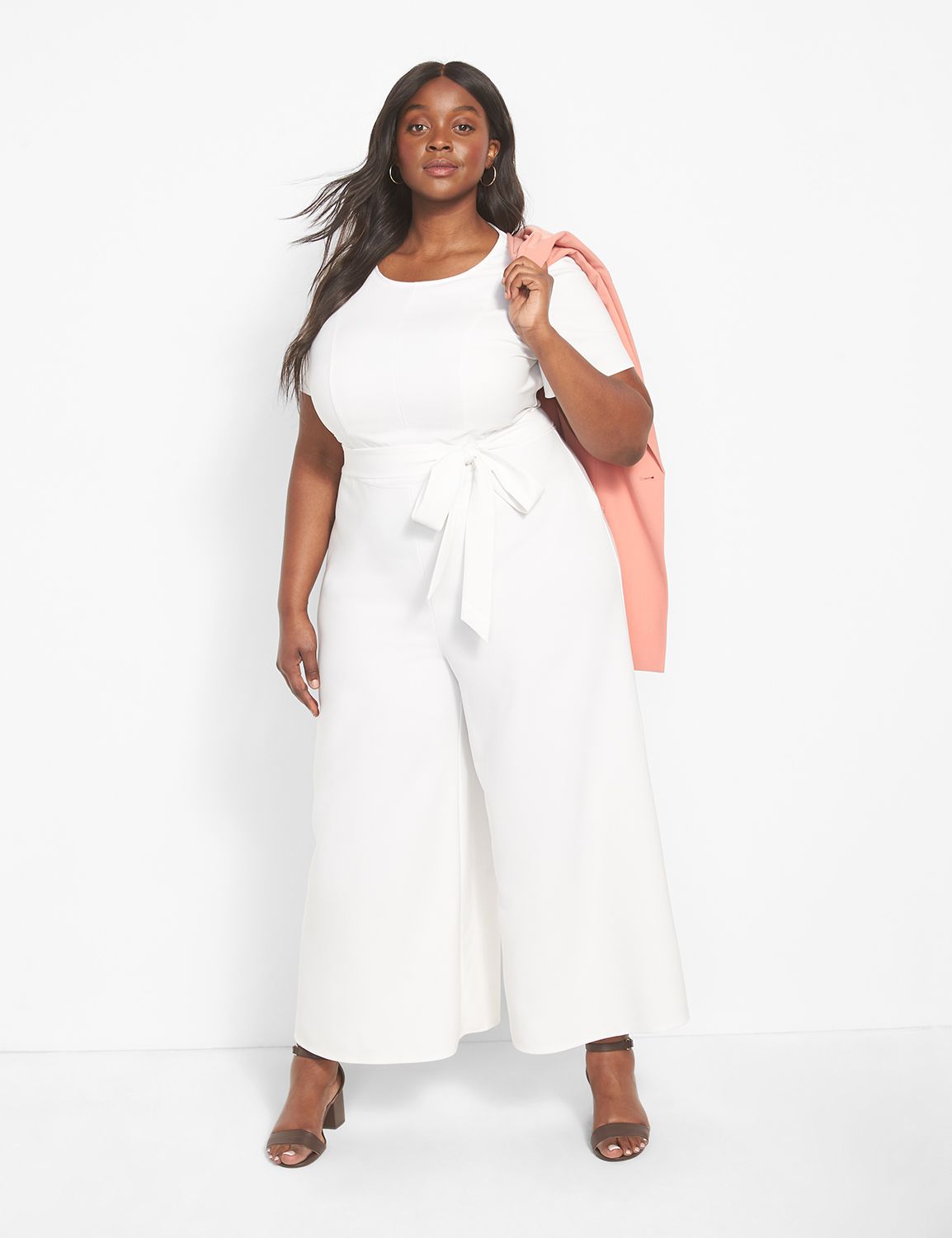 Short-Sleeve Belted Wide-Leg Ankle-Length Jumpsuit