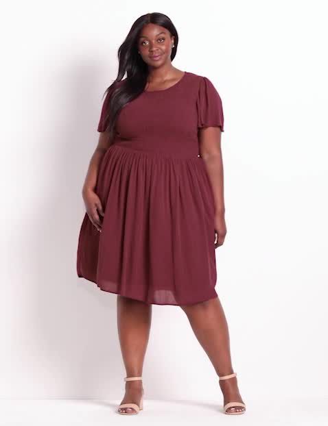 Flutter-Sleeve Smocked Fit & Flare Dress With Keyhole Back