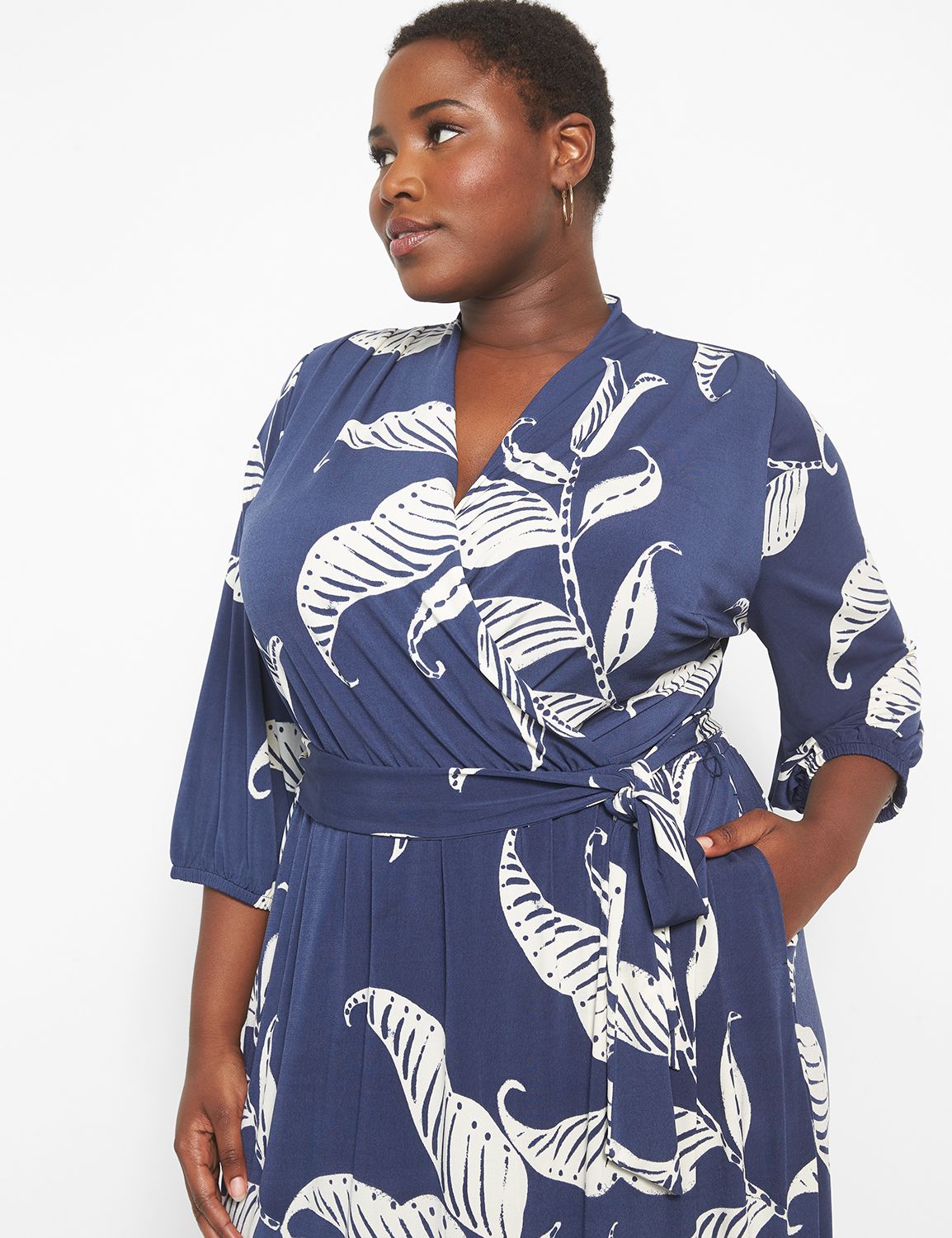 Blue Plus Size Floral Print Wrap Midi Dress