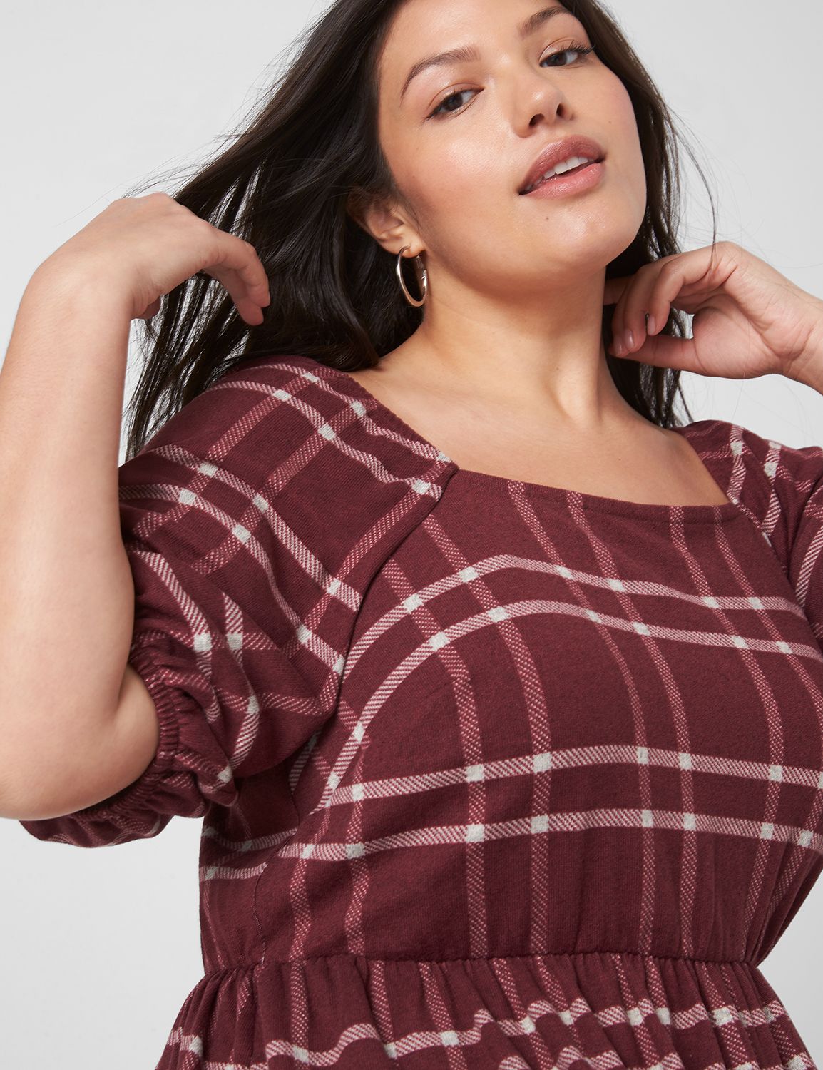 Elbow Sleeve Square Neck Knit Plaid Product Image 3