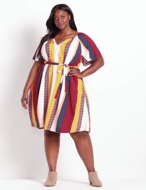 Ruffle-Sleeve Fit & Flare Dress - Stripe