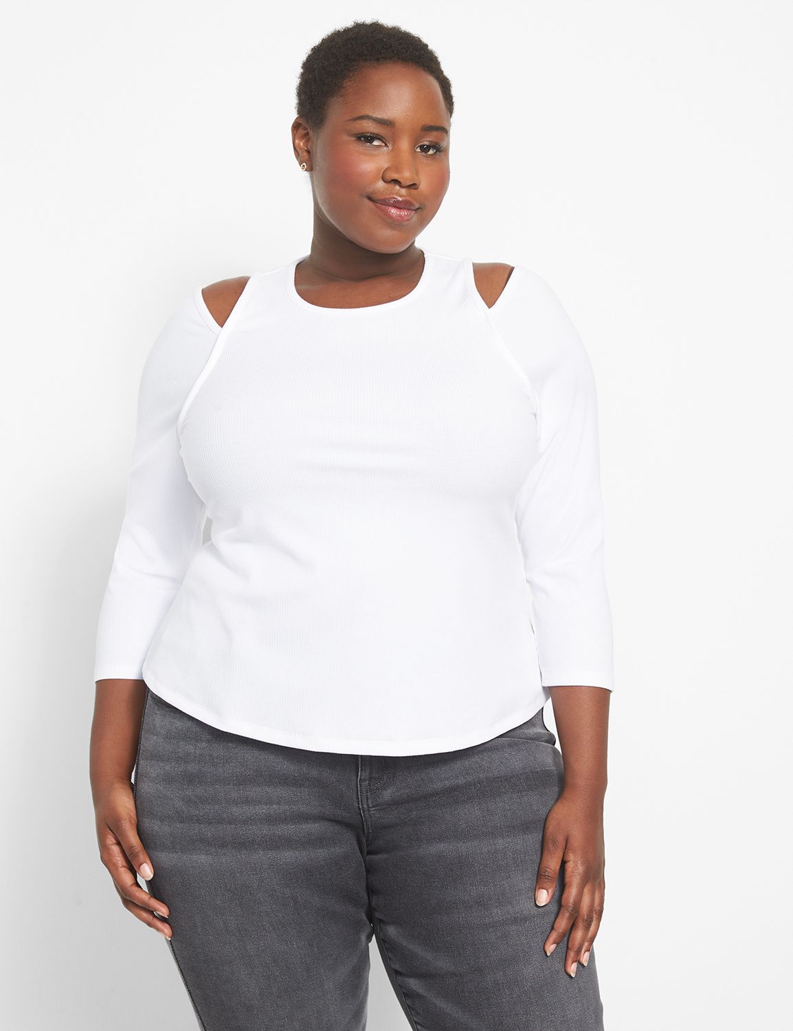 Fitted 3/4-Sleeve Crew-Neck Tee With Shoulder Cutouts