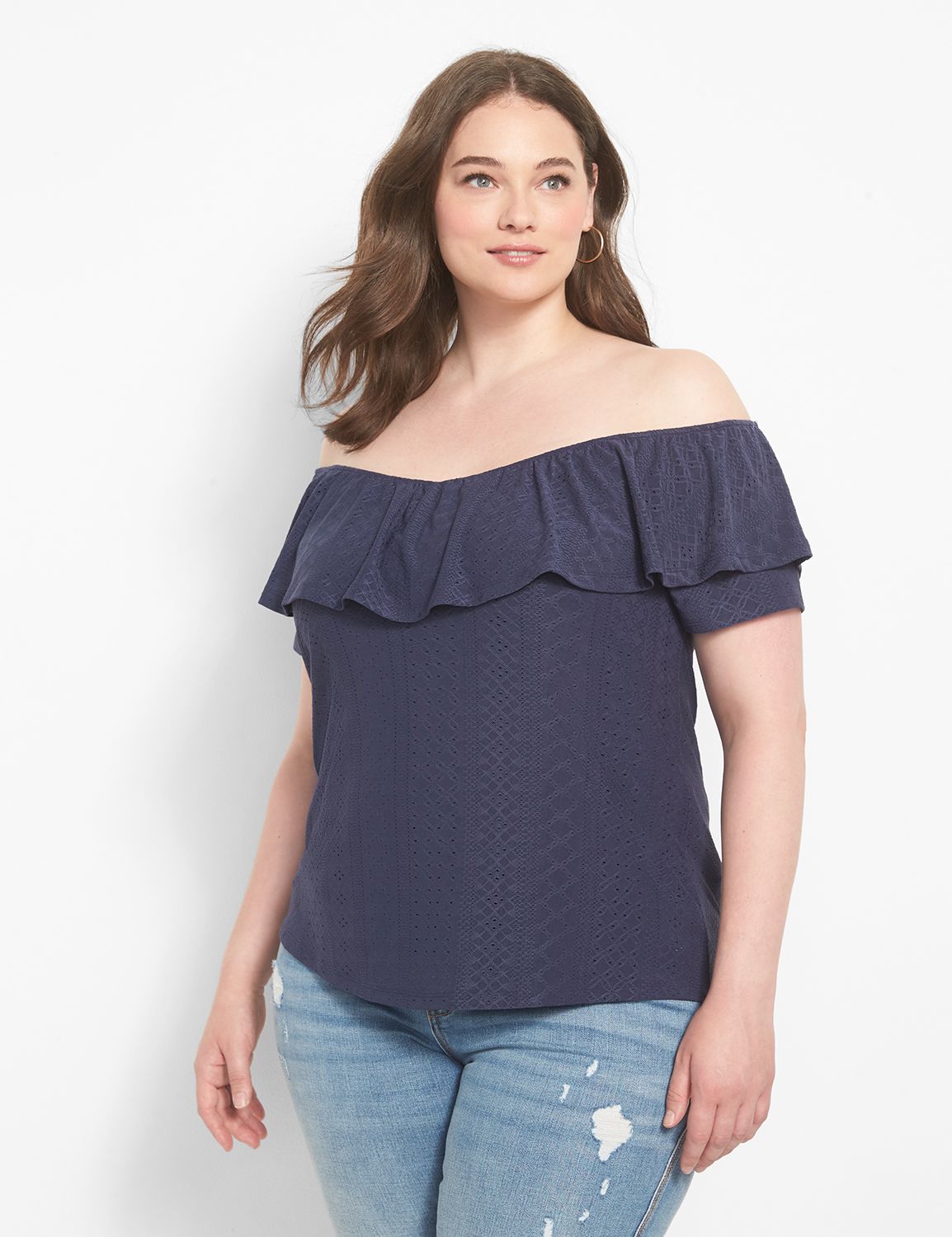 Plus Size - Vintage Cotton Jersey Off The Shoulder Eyelet Banded